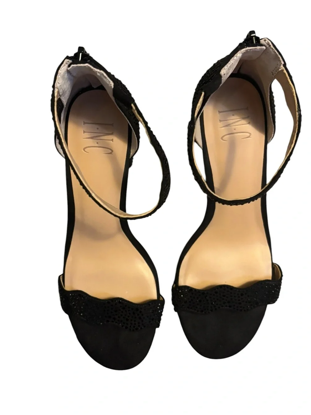 INC Hadwin Crystal Block Heel Sandals Size 8 Black Rhinestone Ankle Strap Party